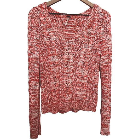 Free People Sweater Women’s Sz S Cable Knit Scoop Neck Orange Ivory Heathered - Picture 1 of 7